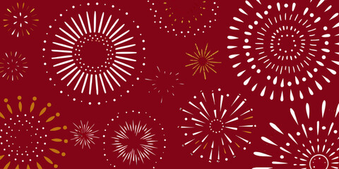 Abstract firework display with white and gold bursts on a deep red background