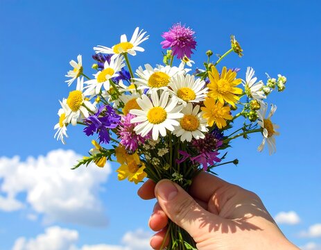 Hand holds vibrant wildflower bouquet against bright blue sky with fluffy white clouds - Powered by Adobe