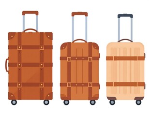 Three suitcases brown, tan, on wheels, with handles, for travel, vector flat illustration on a white background