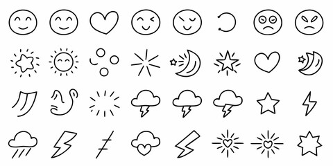 Fototapeta premium Collection of hand drawn doodles including emoticons weather and abstract shapes