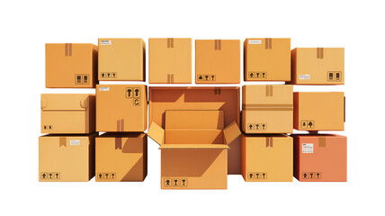 Stacked cardboard boxes in various sizes with shipping labels in bright studio lighting for e-commerce