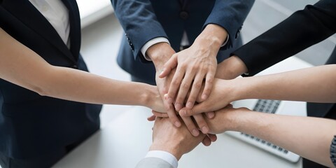 Close up of diverse business team joining hands in unity and collaboration