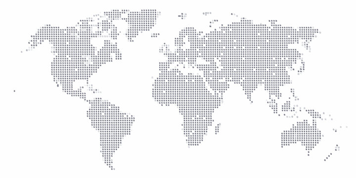 A dotted world map illustration showcasing continents and global connections