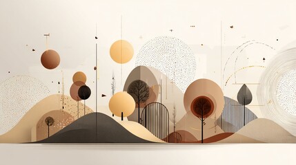 Abstract landscape featuring stylized mountains, trees, and circular elements in earthy tones