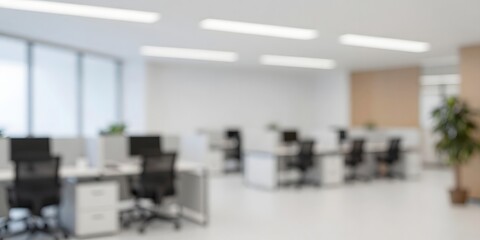 Abstract blurred background of an open office space with cubicles and chairs