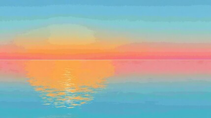 A watercolor painting of a sunrise or sunset, with vibrant colors reflecting on calm water