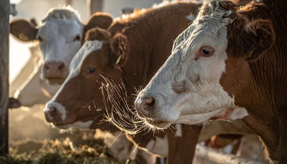 Three cows in a barn, heads close together. Sunlight illuminates fur. Focus on brown/white coat. The animals are side by side