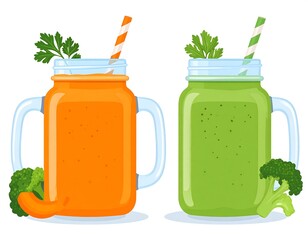 Two colorful smoothies, one orange, one green, in mason jar mugs with parsley, straws, and broccoli