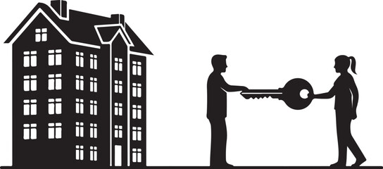 A man handing a woman a large key in front of a house