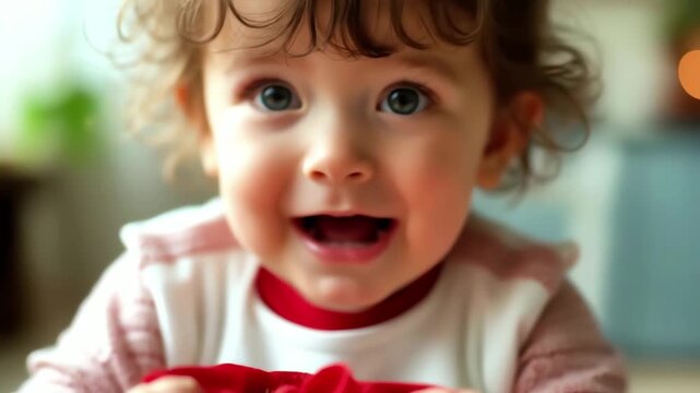 A laughing toddler holds a small toy with bright excitement, capturing pure happiness, innocence, and the spontaneous delight of early childhood expressed through natural joyful emotion