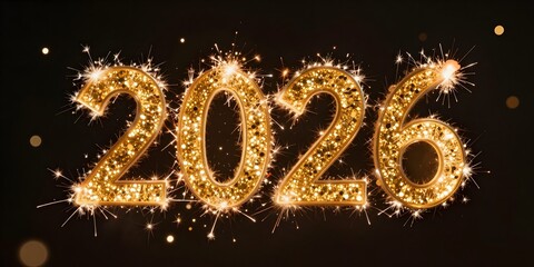 Sparkling golden numbers create 2026 new year greeting on dark background