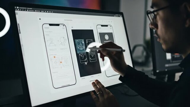 Professional designer creating mobile application user interface on computer.