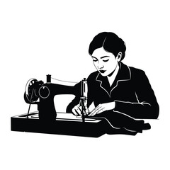 Woman using vintage sewing machine illustration vector