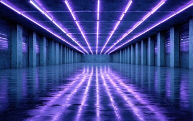 Modern illuminated hall with purple neon lights and reflections