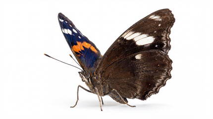 Naklejka premium A detailed close-up of a beautiful brown butterfly with intricate wing patterns and vibrant blue and orange accents, isolated on a white background