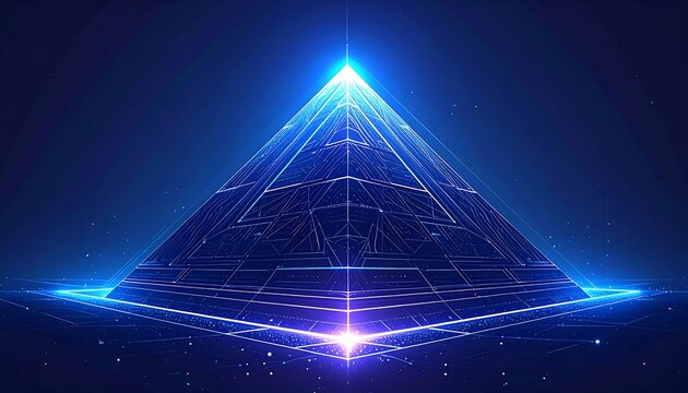 Neon blue pyramid with internal structure radiating futuristic energy - Powered by Adobe