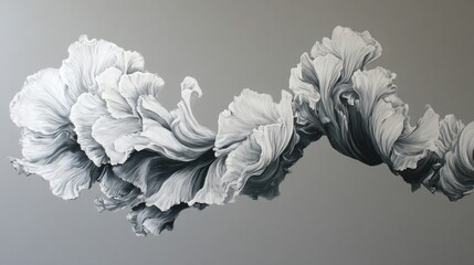 Flowing, elegant, grayscale illustration of delicate, billowing petals against a neutral background