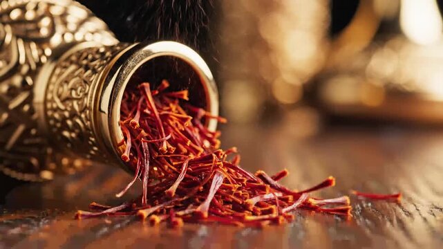 Exquisite saffron threads spilling from a decorative golden vial onto a wooden table. High-quality spice used for gourmet culinary flavoring, rich aroma, vibrant color, and traditional health...