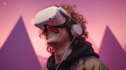 A smiling person wearing VR headset with headphones, against a pink geometric backdrop
