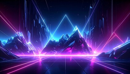 Neon landscape featuring mountains and glowing geometric lines