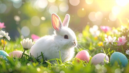 A white bunny surrounded by colorful Easter eggs in a lush green meadow under a sunny sky