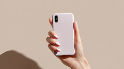 Hand holding slim smartphone with pastel case against beige background, minimal and elegant style