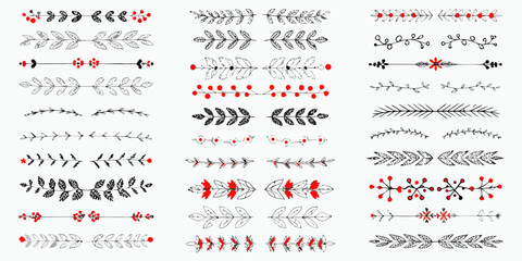 Collection of decorative floral branch and berry design elements in black and red © Sabuj