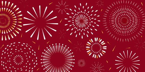 A vibrant red background with numerous white and gold fireworks illustrations