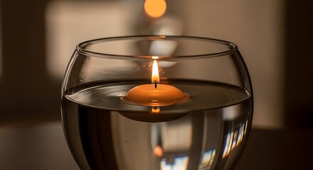Floating candle in clear glass bowl creating calming ambiance and reflection of light in gentle waves