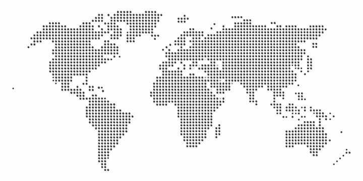 A dotted world map illustration showing continental outlines and oceanic spaces