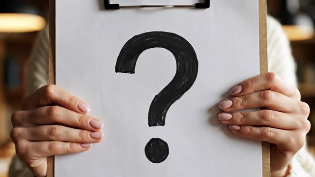 Person holding clipboard with question mark.