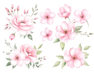 Watercolor illustration of delicate pink flowers with light green foliage on a white background in a floral arrangement