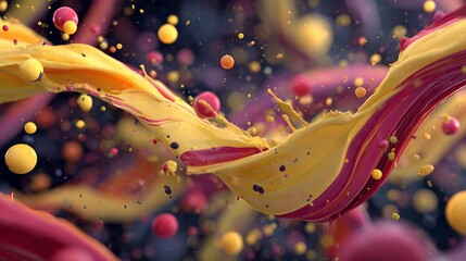 Swirling ribbons of red and yellow paint explode amidst floating orbs on a dark background