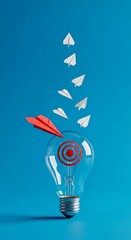 Red Paper Airplane Hitting a Light Bulb Target with White Paper Airplanes Flying