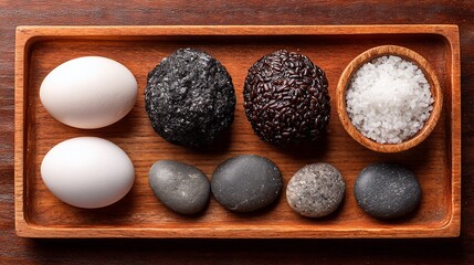 Assortment of food and natural elements arranged on wooden tray, top-down view