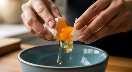 Fresh egg yolk dripping into a bowl, culinary preparation ingredient
