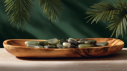 Still life of a wooden bowl filled with smooth, green stones, palm fronds backdrop