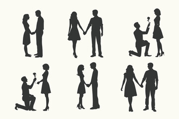 couple holding hands and walking Proposing silhouette set. Romantic Silhouette of a Man Proposing to a Woman, Proposal couple silhouette, A couple holding hands and walking. Eps 10