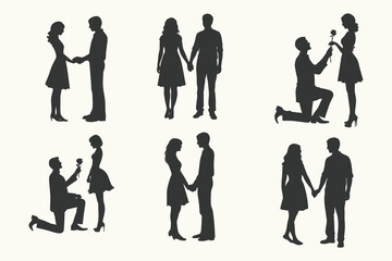 couple holding hands and walking Proposing silhouette set. Romantic Silhouette of a Man Proposing to a Woman, Proposal couple silhouette, A couple holding hands and walking. Eps 10