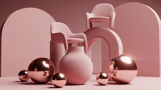 Pink objects and shiny metallic balls.