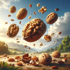 Nuts and seeds levitating above a sunlit field, mountains in background