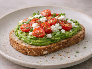Avocado toast with mashed avocado and soft boiled egg