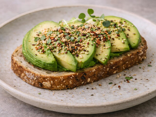 Avocado toast with sliced avocado and runny egg yolk