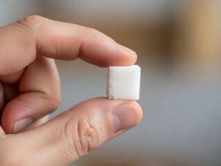 Holding a Sugar Cube Between Fingers Demonstrating Portion Control
