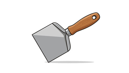 A sharp trowel with a wooden handle casts a shadow.