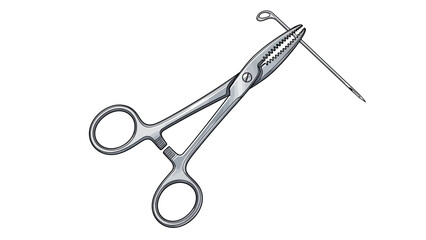 Surgical needle holder and needle on a white background.