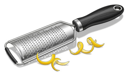 Grater and lemon zest on white background