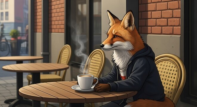 Fox sitting alone at outdoor cafe.