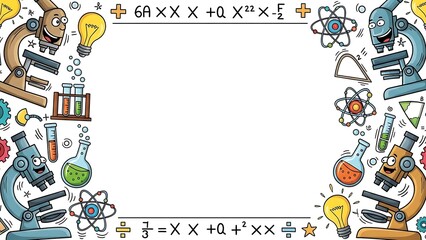 Adorable Robot Scientists Solving Complex Math Equations in Vibrant High-Tech Laboratory Illustration for STEM Education