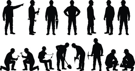 Construction worker silhouettes set showing standing directing planning digging hammering teamwork actions isolated on white background vector illustration